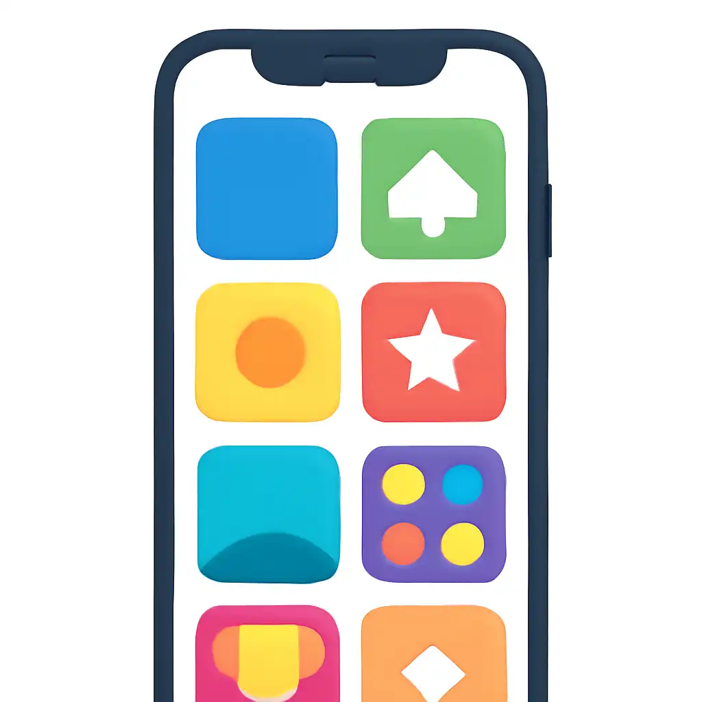 Smartphone shown from the front displaying a colourful flat layout of abstract game icons and rounded tiles (no text, no letters, no labels), Raja Luck