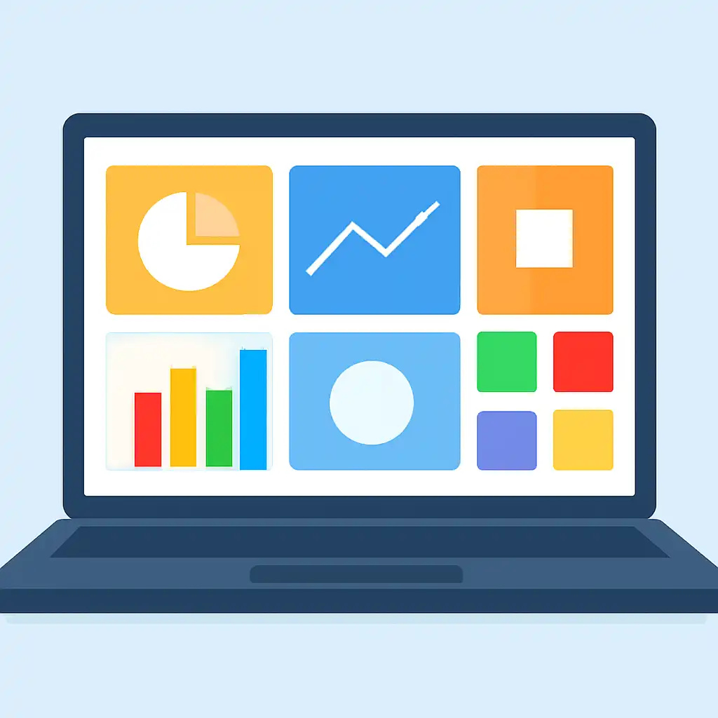 Laptop shown from the front displaying a colourful flat dashboard of abstract charts, bars and icon tiles (no text, no letters, no labels), Raja Luck