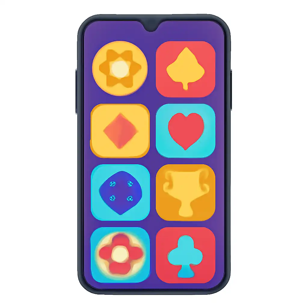 Smartphone shown from the front displaying a colourful flat layout of abstract game icons and rounded tiles (no text, no letters, no labels), Colour