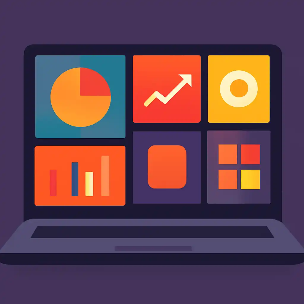 Laptop shown from the front displaying a colourful flat dashboard of abstract charts, bars and icon tiles (no text, no letters, no labels), Colour