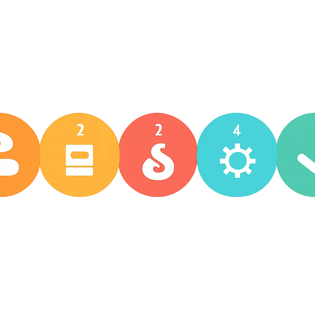 Five numbered circular icons connected by arrows in a horizontal flow, flat illustration, icons only, no words, Colour steps