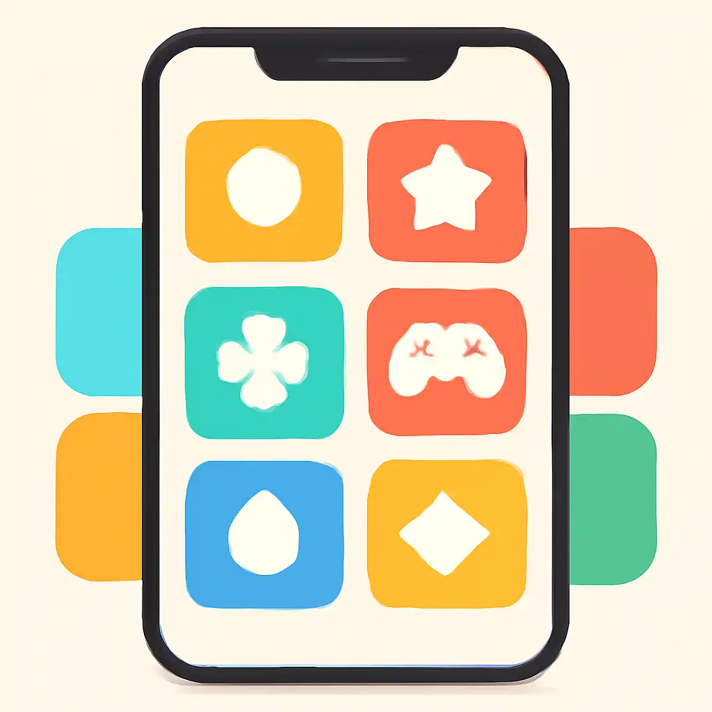 Smartphone shown from the front displaying a colourful flat layout of abstract game icons and rounded tiles (no text, no letters, no labels), Kaise