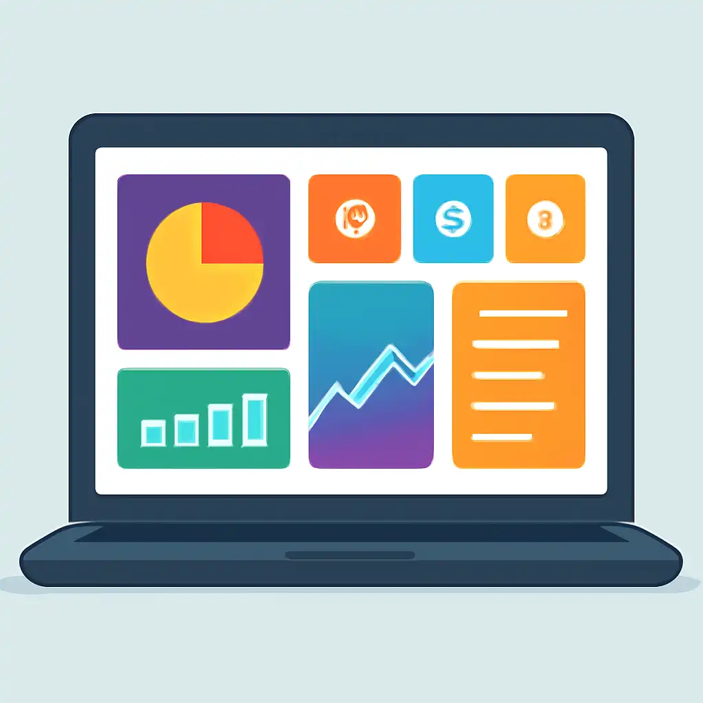 Laptop shown from the front displaying a colourful flat dashboard of abstract charts, bars and icon tiles (no text, no letters, no labels), Kaise