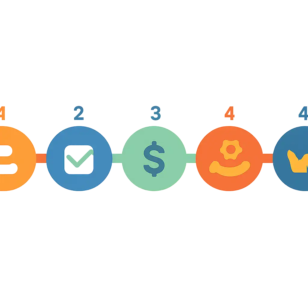 Five numbered circular icons connected by arrows in a horizontal flow, flat illustration, icons only, no words, Kaise steps