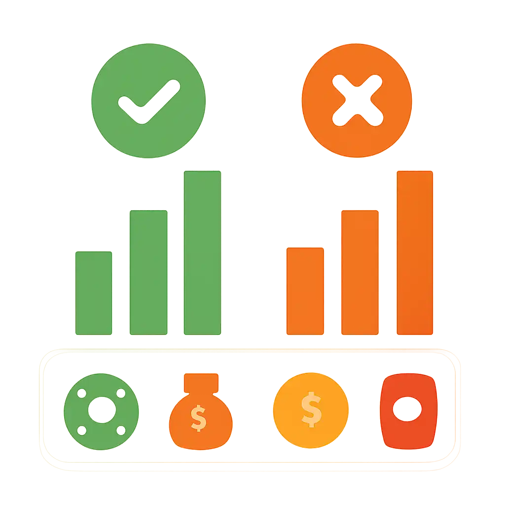 Infographic comparing options using coloured bars and icons only, no text or labels, flat design, Kaise