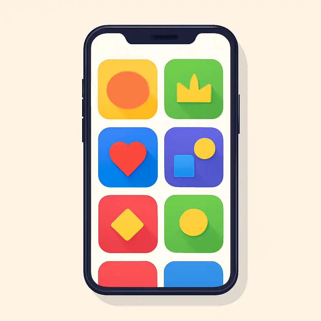 Smartphone shown from the front displaying a colourful flat layout of abstract game icons and rounded tiles (no text, no letters, no labels), Free