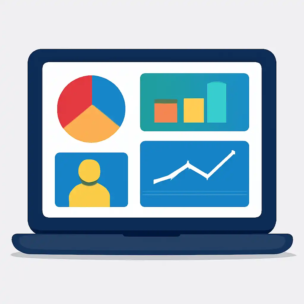 Laptop shown from the front displaying a colourful flat dashboard of abstract charts, bars and icon tiles (no text, no letters, no labels), Free