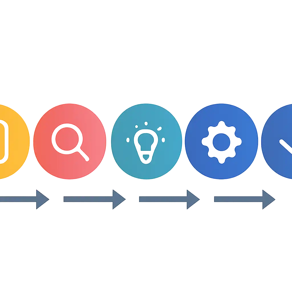 Five numbered circular icons connected by arrows in a horizontal flow, flat illustration, icons only, no words, Free steps