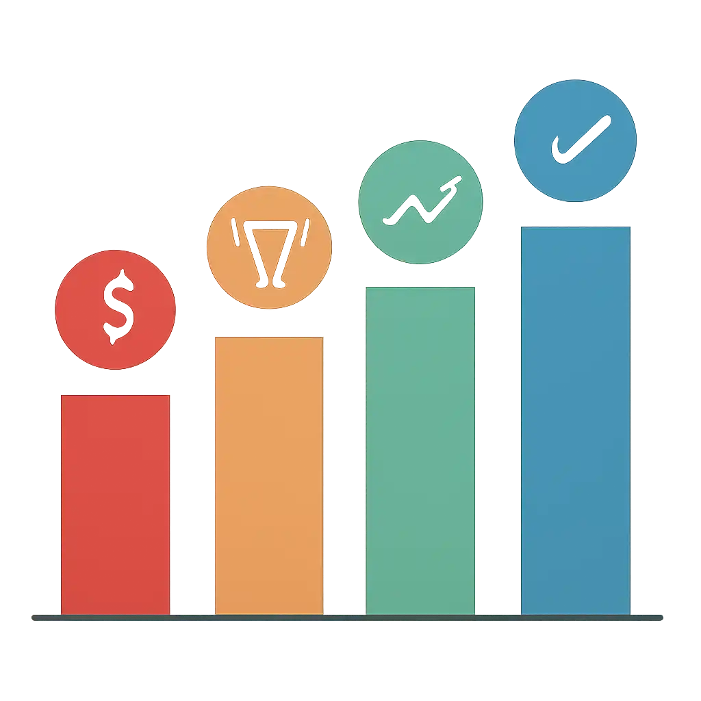 Infographic comparing options using coloured bars and icons only, no text or labels, flat design, Free