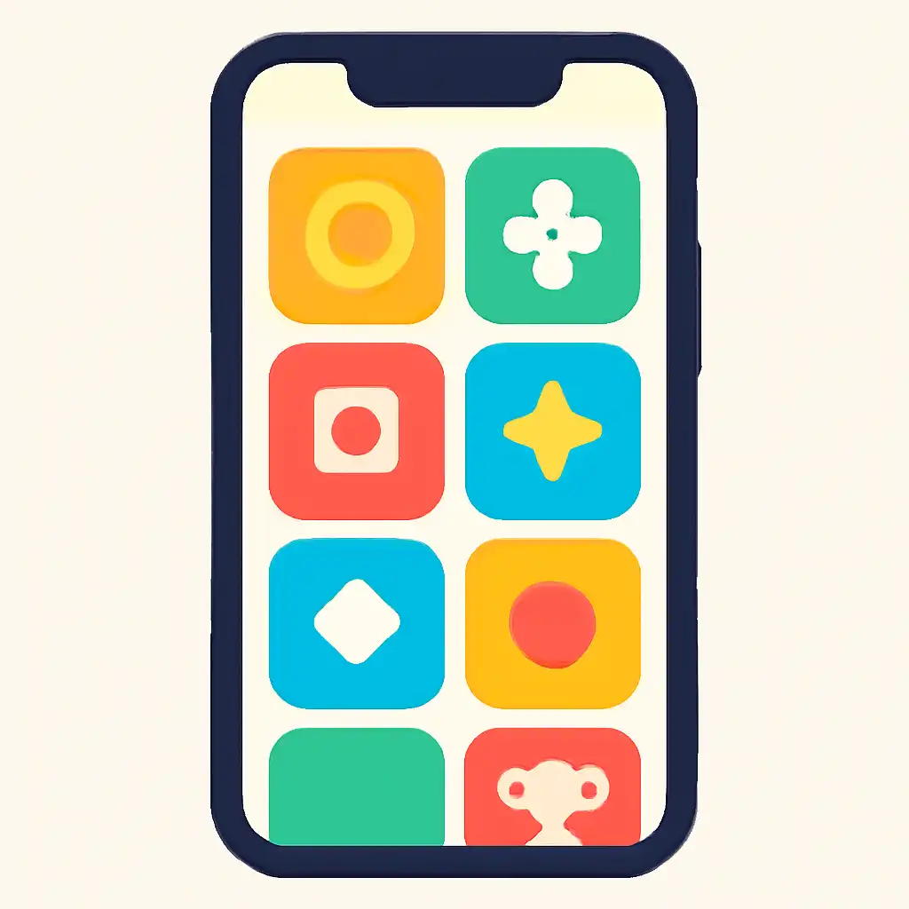 Smartphone shown from the front displaying a colourful flat layout of abstract game icons and rounded tiles (no text, no letters, no labels), The raja