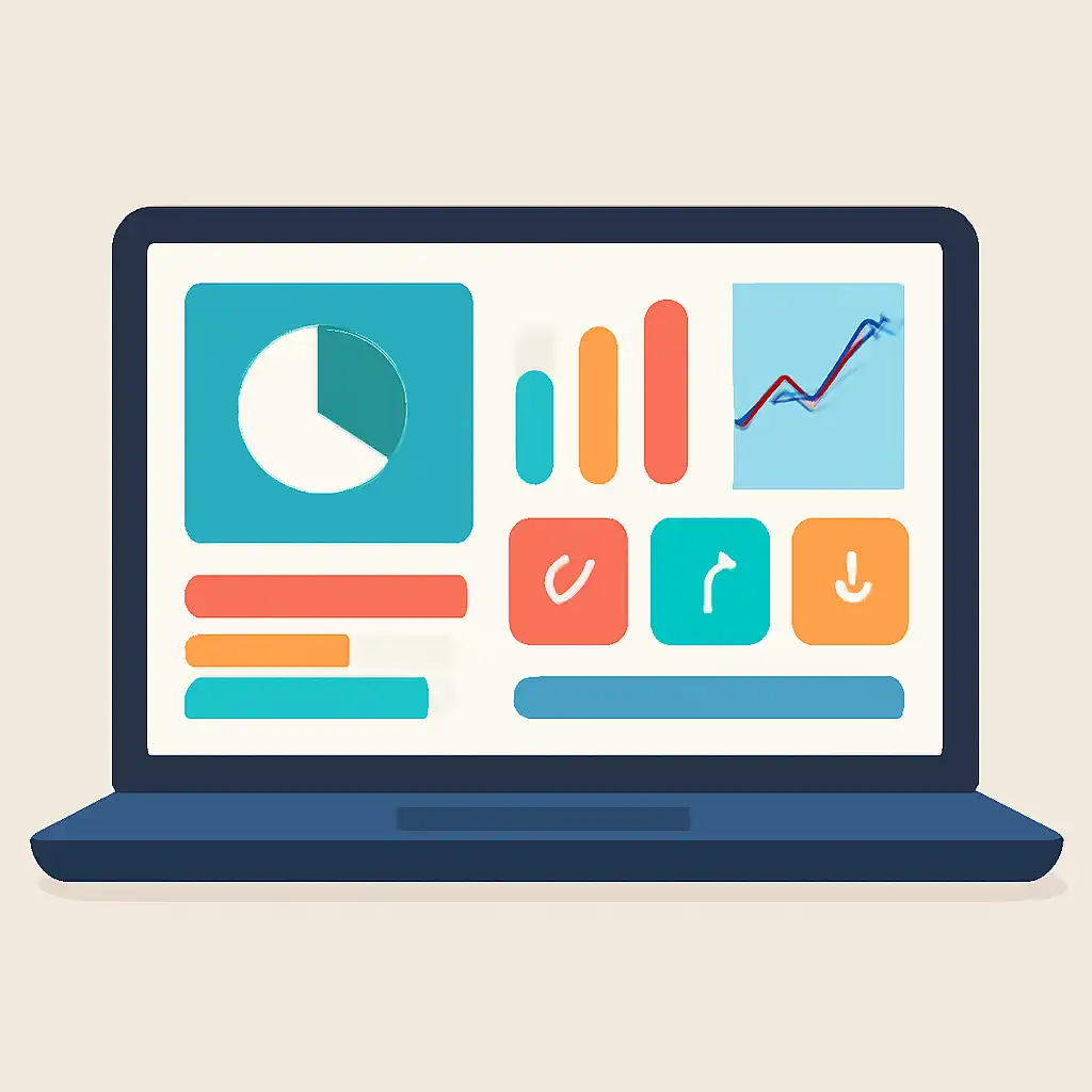 Laptop shown from the front displaying a colourful flat dashboard of abstract charts, bars and icon tiles (no text, no letters, no labels), The raja