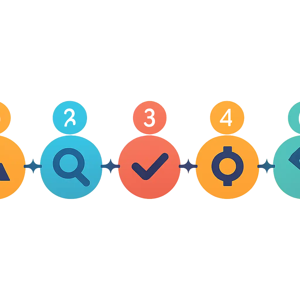Five numbered circular icons connected by arrows in a horizontal flow, flat illustration, icons only, no words, The raja steps