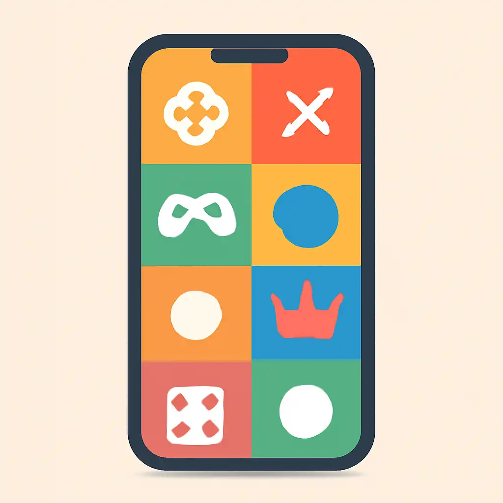 Smartphone shown from the front displaying a colourful flat layout of abstract game icons and rounded tiles (no text, no letters, no labels), Luck games manship
