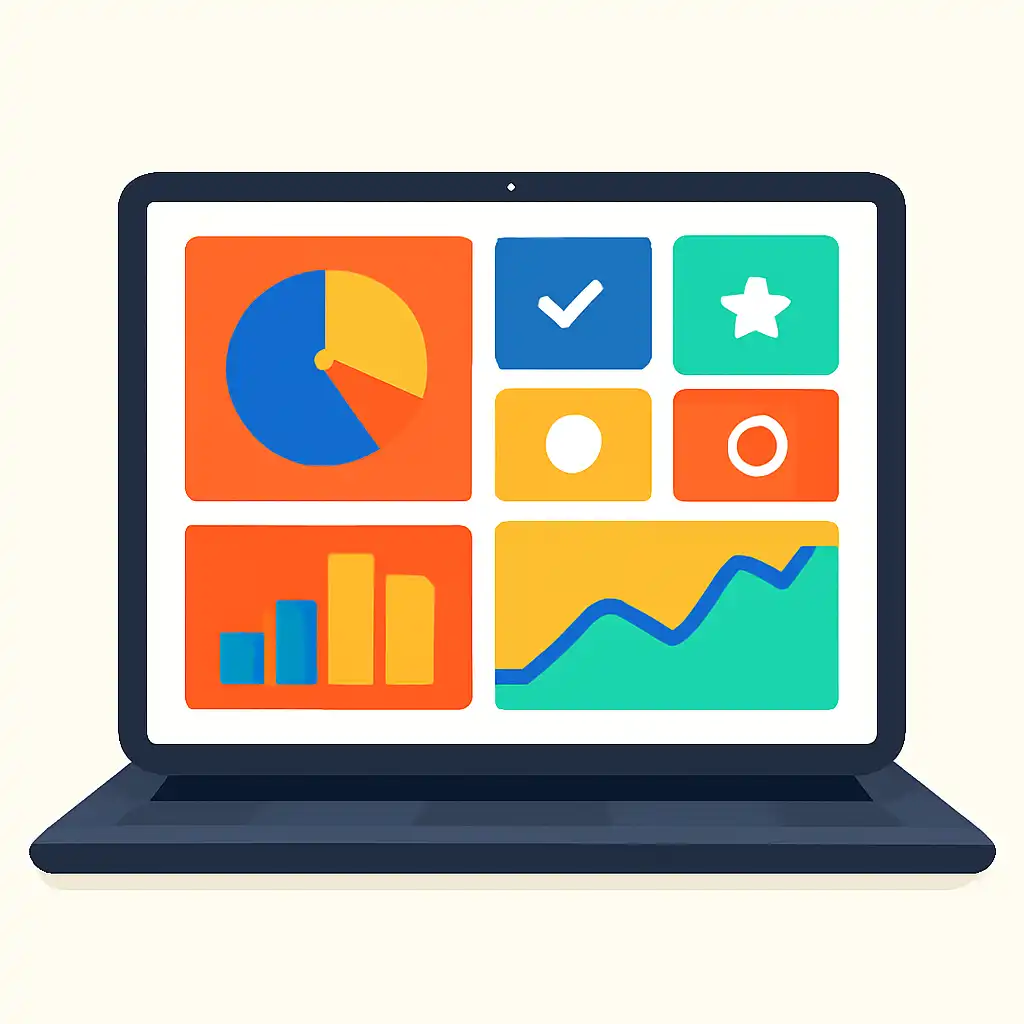 Laptop shown from the front displaying a colourful flat dashboard of abstract charts, bars and icon tiles (no text, no letters, no labels), Luck games manship