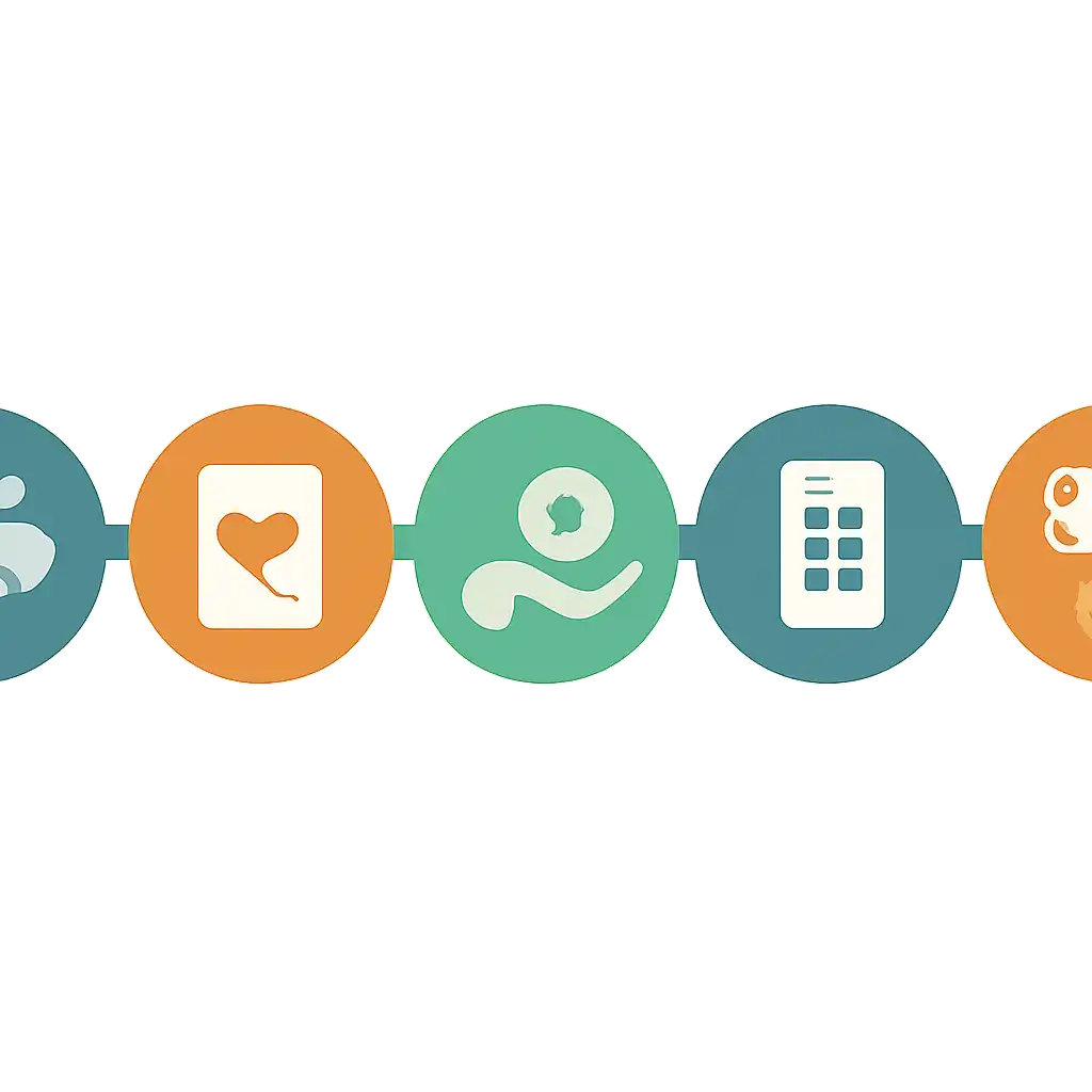 Five numbered circular icons connected by arrows in a horizontal flow, flat illustration, icons only, no words, Luck games manship steps
